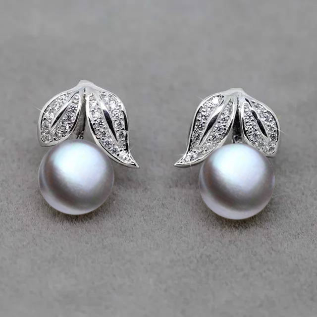 Genuine Freshwater Pearl and Simulated Diamond Leaf Stud Earrings-9